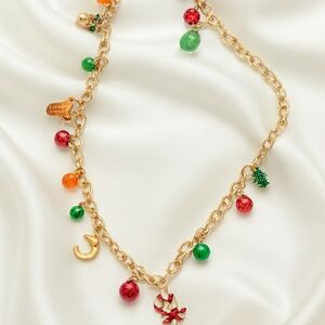 Festive Gold Charm Necklace – Holiday Moon, Tree, Candy Cane & Colorful Beads